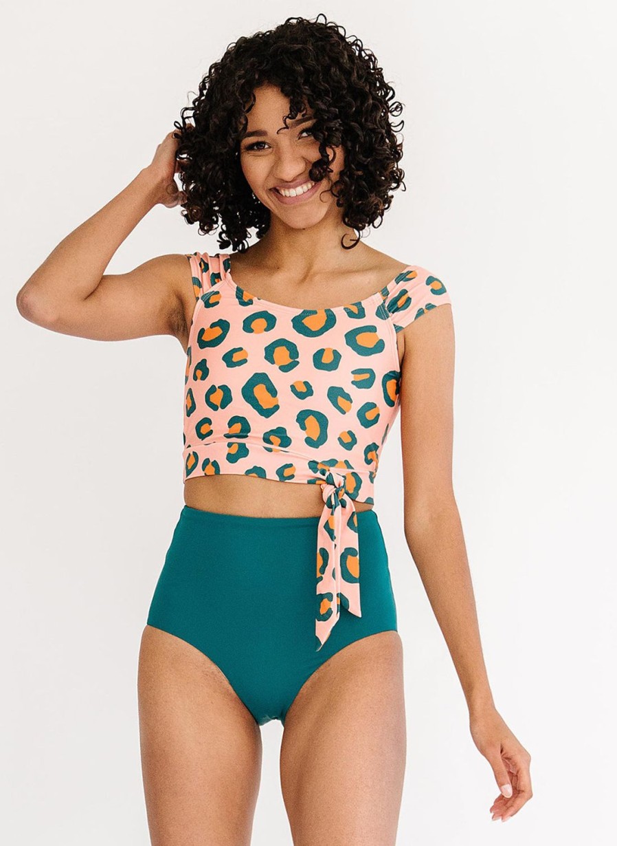 Tankinis + Tops Lime Ricki | Peach Leopard Cap Sleeve Swim Top | Lime Ricki Swimwear