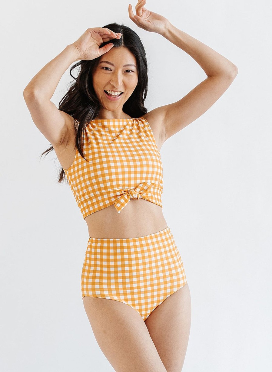 Tankinis + Tops Lime Ricki | Apricot Gingham Knotted Crop Swim Top | Lime Ricki Swimwear