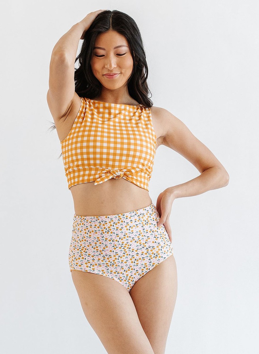 Tankinis + Tops Lime Ricki | Apricot Gingham Knotted Crop Swim Top | Lime Ricki Swimwear