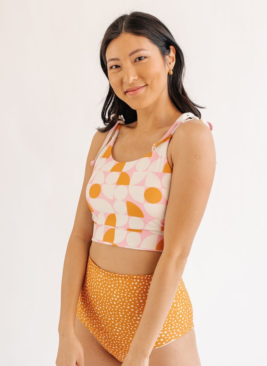 Tankinis + Tops Lime Ricki | Retro Geo Shoulder-Tie Crop Swim Top | Lime Ricki