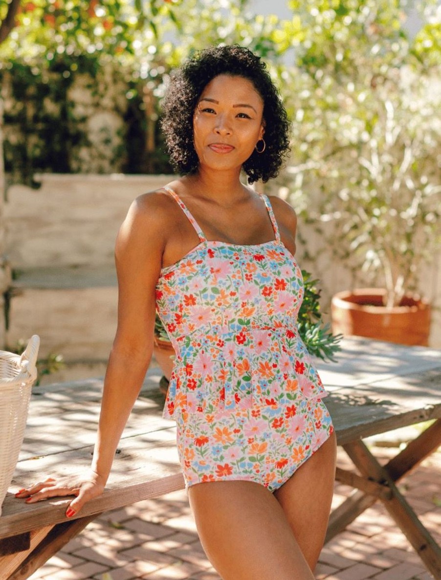 Tankinis + Tops Lime Ricki | Painted Floral Peplum Swim Top | Lime Ricki Swimwear