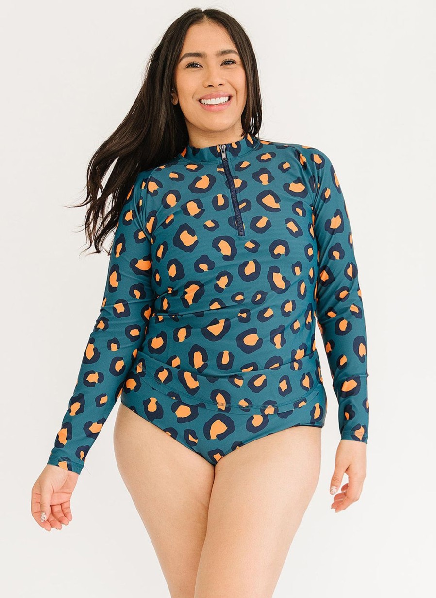 Tankinis + Tops Lime Ricki | Jade Leopard Rash Guard Swim Top | Lime Ricki Swimwear